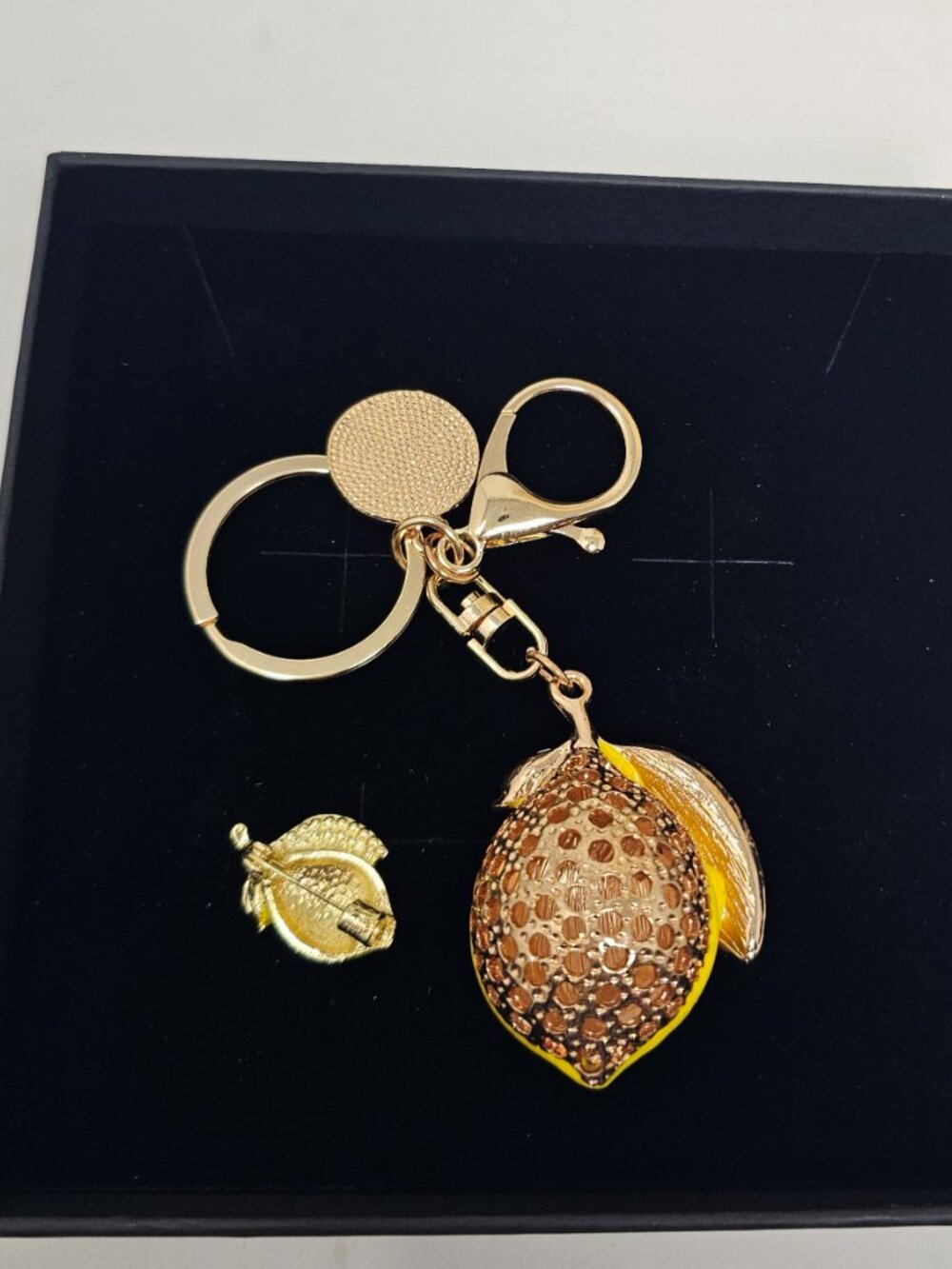 Lemon Keychain + Matching Lemon Pin Set, Yellow Enamel Rhinestone Purse Charm - Picture 6 of 8
